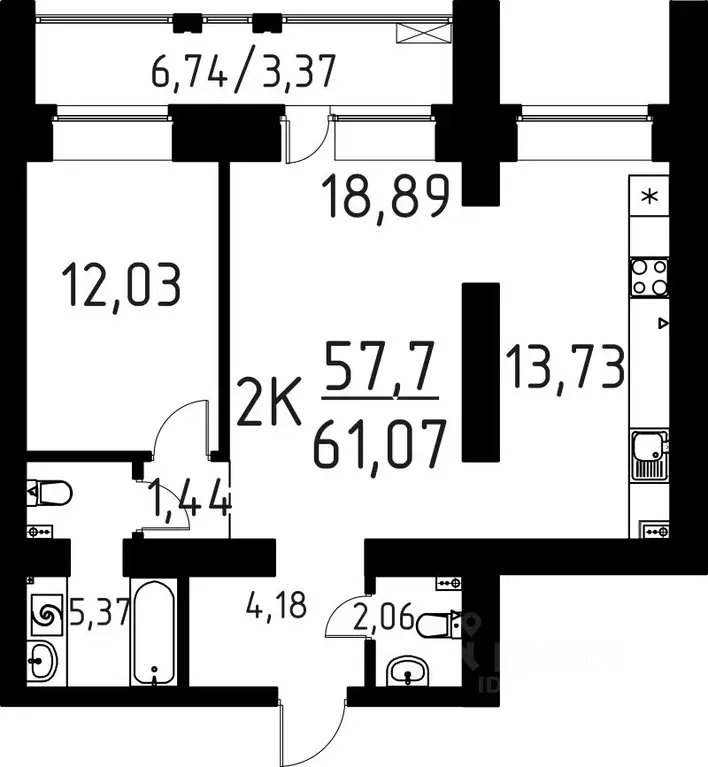2-к кв. Томская область, Томск ул. Вершинина, 58к1 (61.07 м) - Фото 0