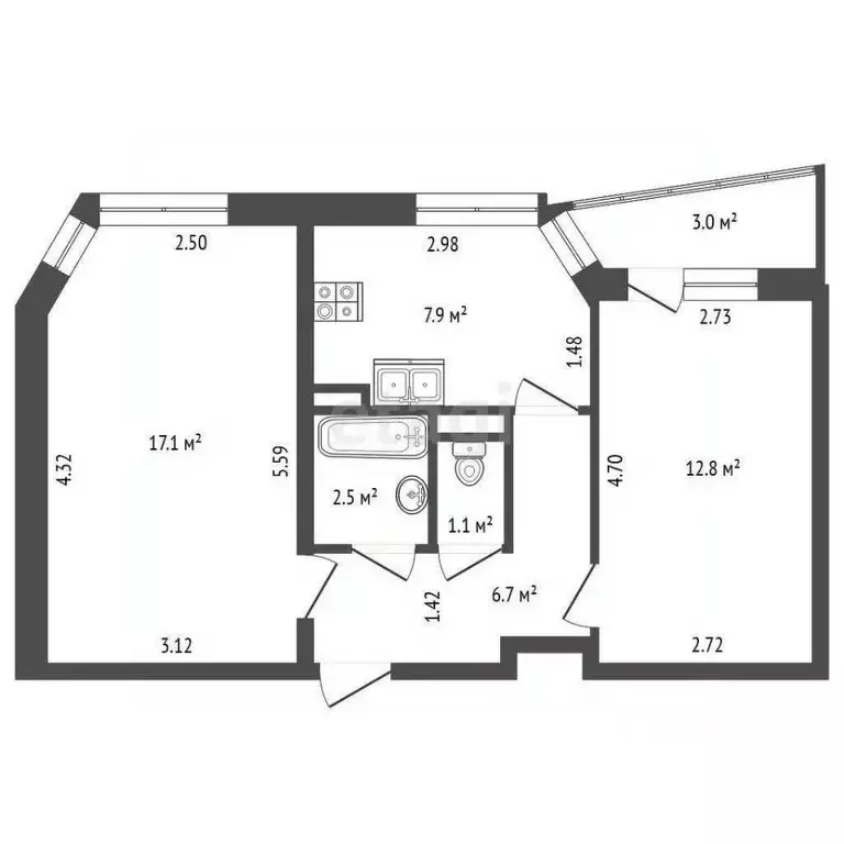 2-к кв. Санкт-Петербург просп. Косыгина, 17к1 (48.1 м) - Фото 1