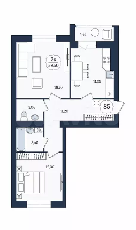 2-к. квартира, 59,5 м, 1/9 эт. - Фото 1