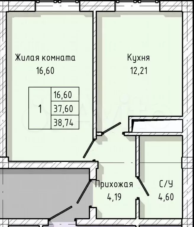 1-к. квартира, 38,7 м, 6/8 эт. - Фото 1