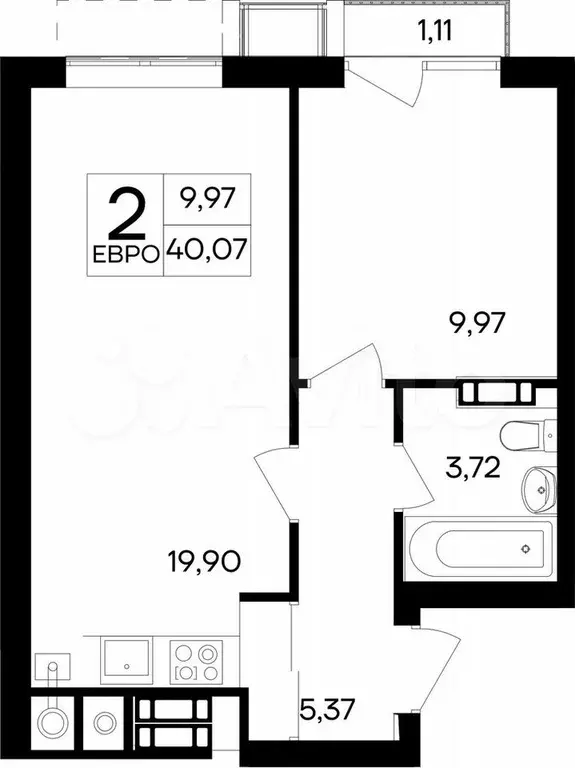 1-к. квартира, 40,1 м, 3/8 эт. - Фото 0