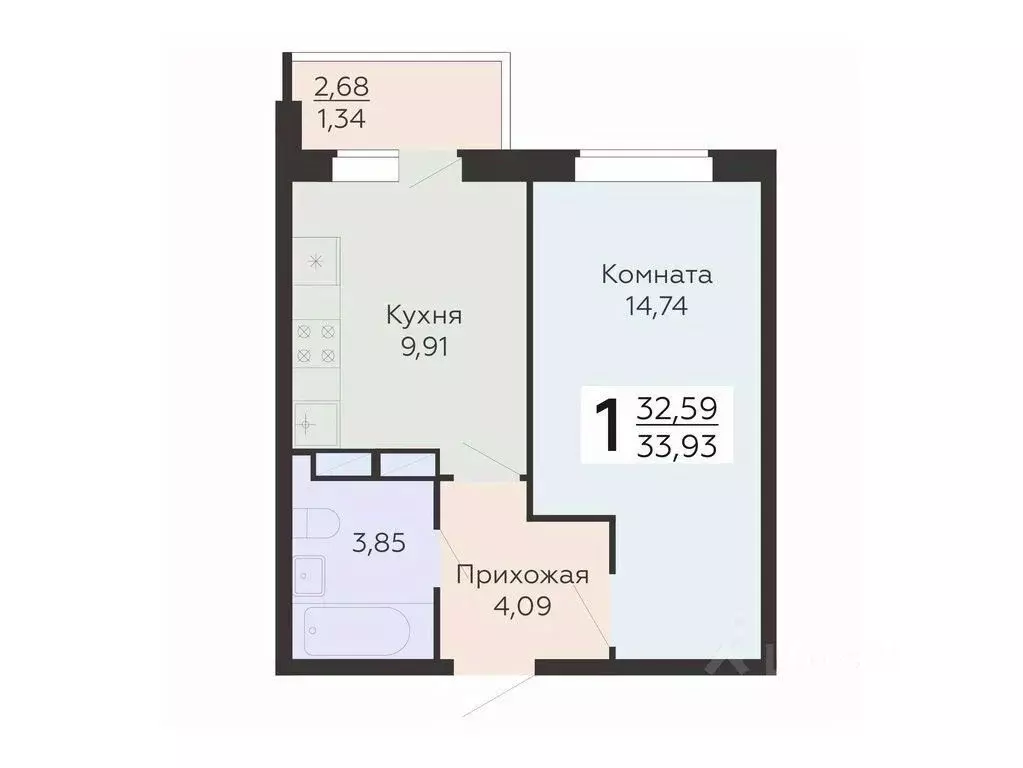 1-к кв. Воронежская область, Воронеж Острогожская ул., 164 (33.93 м) - Фото 0