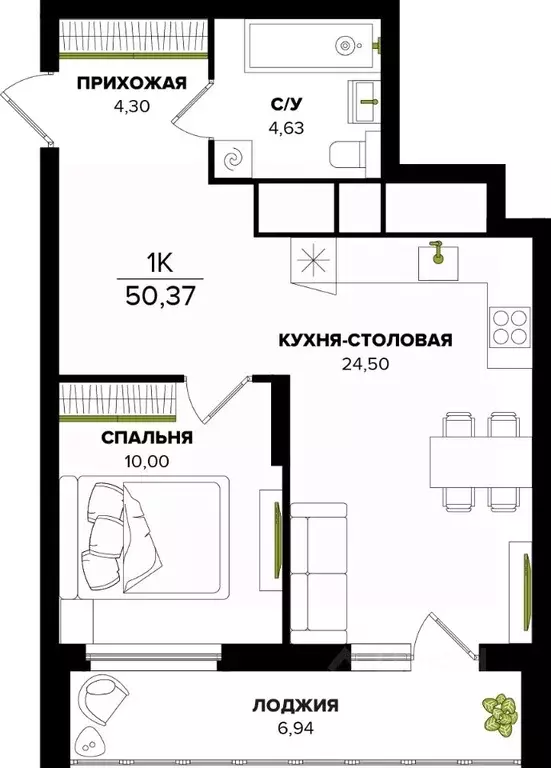 1-к кв. Тульская область, Тула ул. Академика Насоновой, 22 (50.37 м) - Фото 1