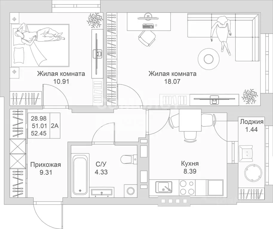 2-к кв. Татарстан, Казань ул. Александра Курынова, 5к2 (51.01 м) - Фото 2