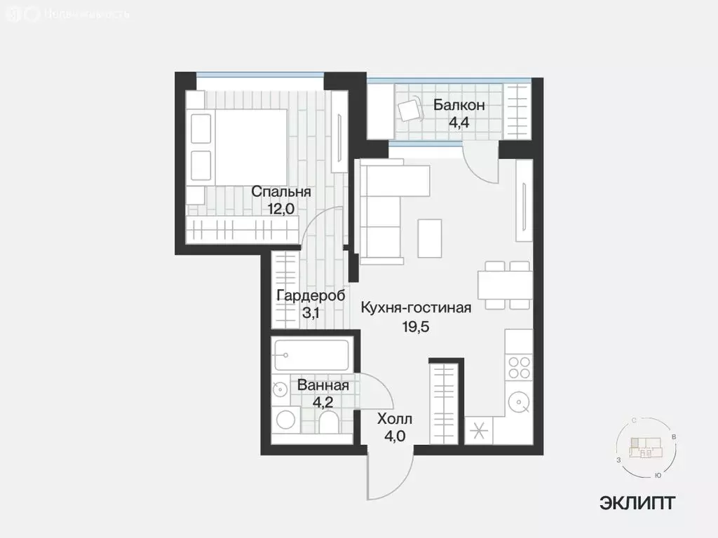 1-комнатная квартира: Тюмень, улица Игоря Комиссарова, 9 (45.03 м) - Фото 1