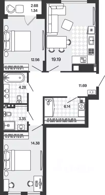 2-к кв. Калининградская область, Гурьевский муниципальный округ, пос. ... - Фото 1