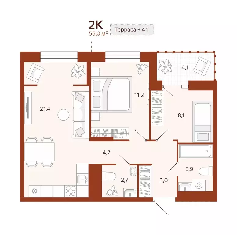 2-к кв. Тюменская область, Тюмень ул. Новаторов, 28 (54.95 м) - Фото 0