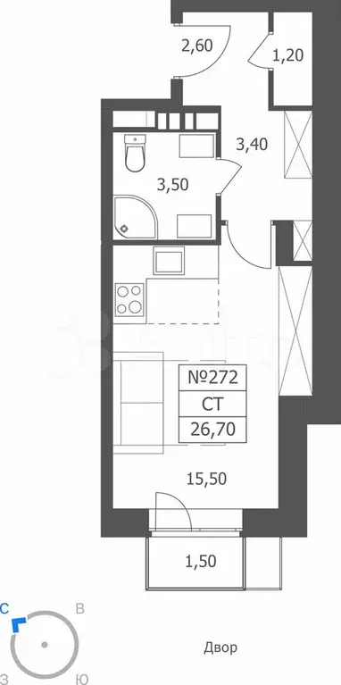 Квартира-студия, 26,7 м, 2/11 эт. - Фото 0