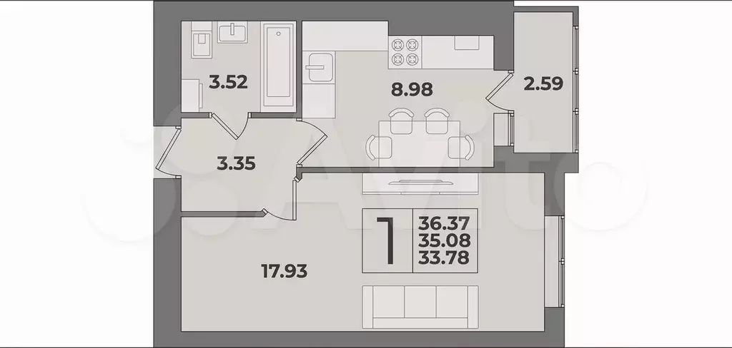 1-к. квартира, 36,4 м, 5/9 эт. - Фото 1