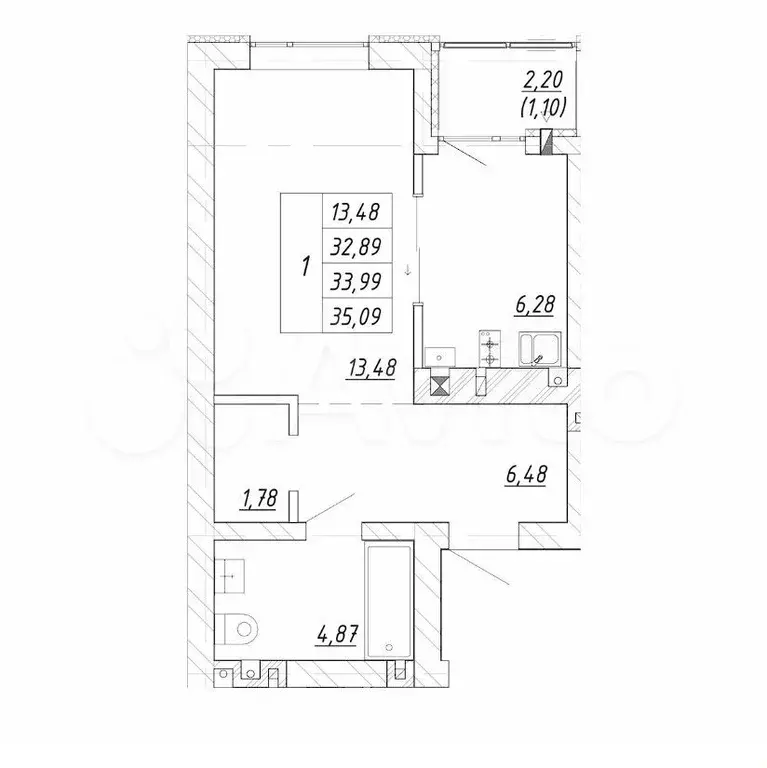 1-к. квартира, 34 м, 3/4 эт. - Фото 1