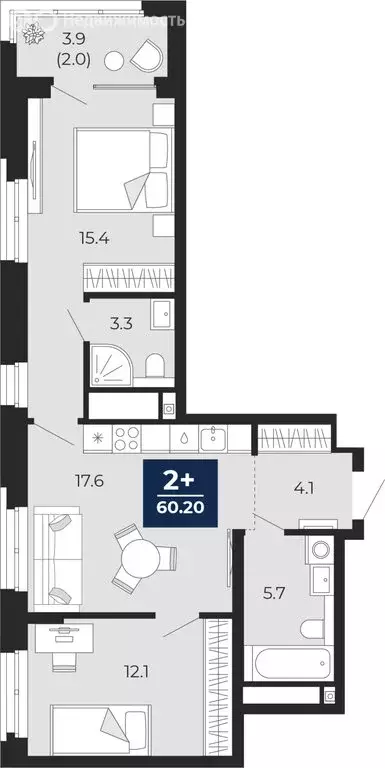2-комнатная квартира: Тюмень, Ленинский округ (60.2 м) - Фото 1