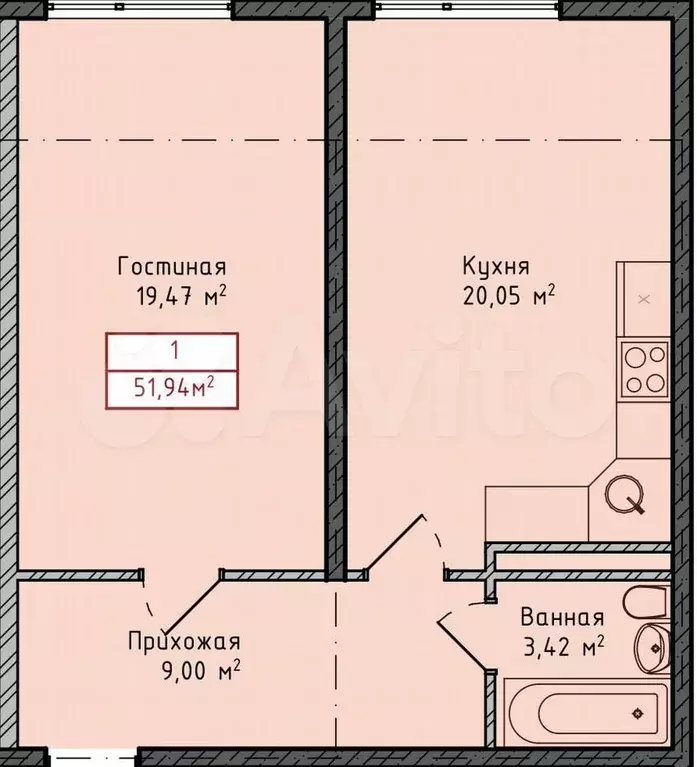 1-к. квартира, 51,9 м, 5/8 эт. - Фото 1