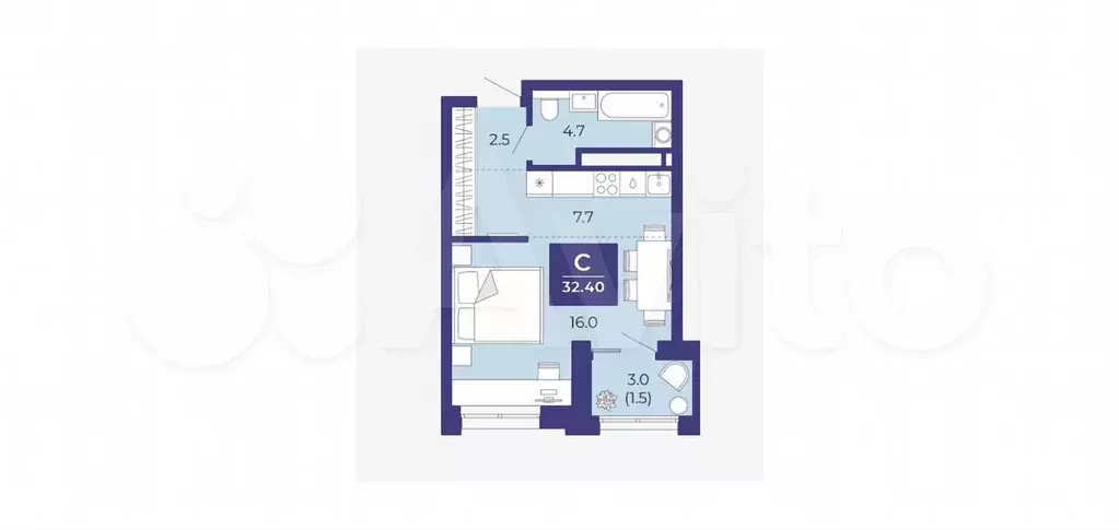 Квартира-студия, 32,4 м, 2/25 эт. - Фото 1