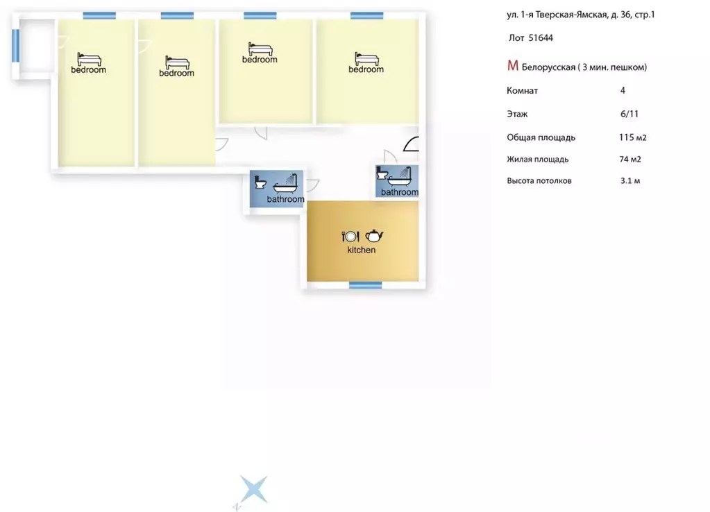 4-к кв. Москва 1-я Тверская-Ямская ул., 36С1 (115.0 м) - Фото 2