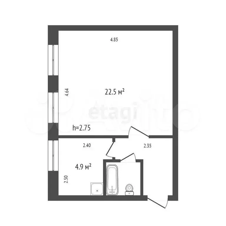 1-к. квартира, 33,9 м, 1/2 эт. - Фото 1