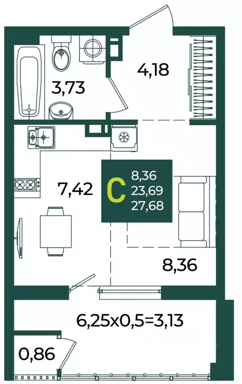 Студия Краснодарский край, Краснодар Образцово мкр,  (27.68 м) - Фото 1