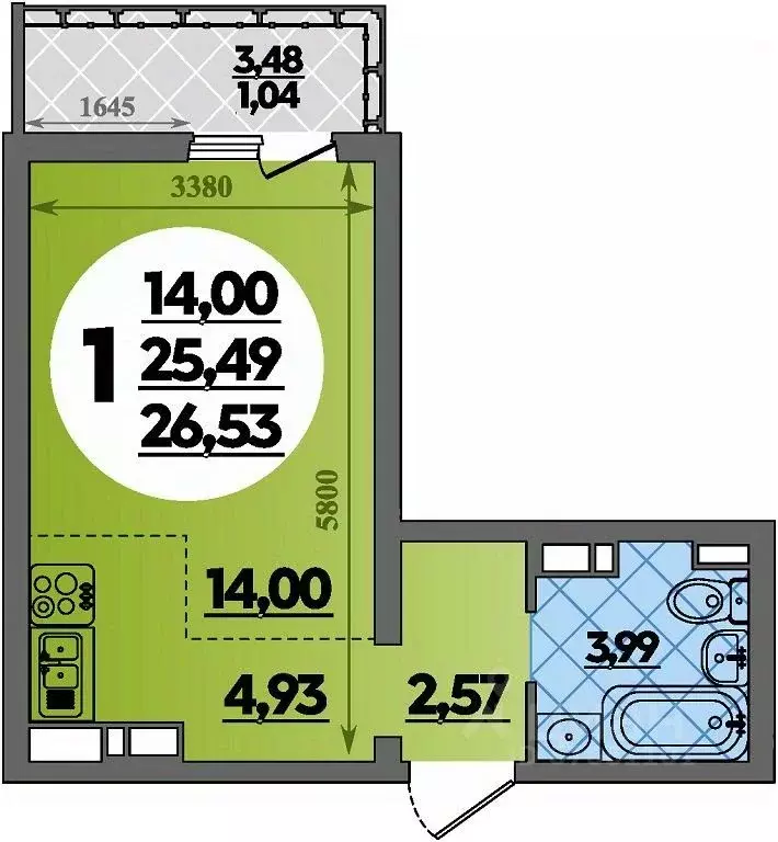 Студия Адыгея, Майкоп  (26.53 м) - Фото 1