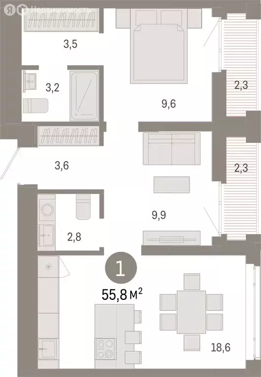 1-комнатная квартира: Тюмень, Ленинский округ (55.76 м) - Фото 1