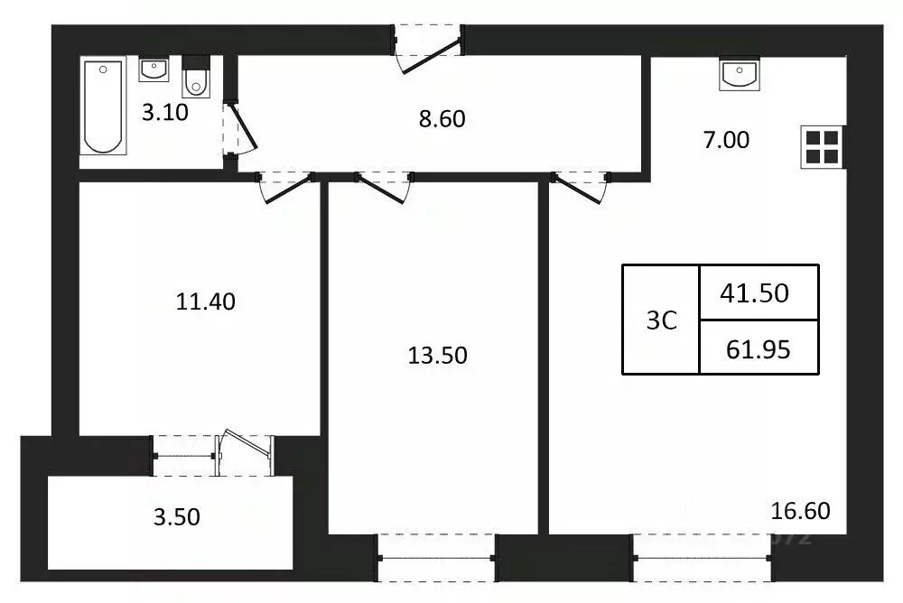 3-к кв. Новосибирская область, Новосибирск  (61.95 м) - Фото 0