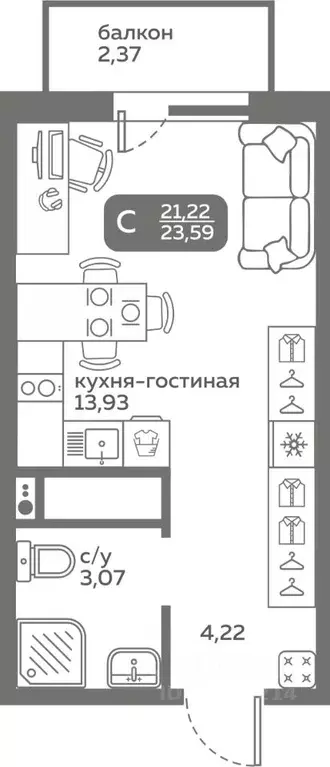 Студия Тюменская область, Тюмень ул. Вадима Бованенко, 10 (21.22 м) - Фото 0