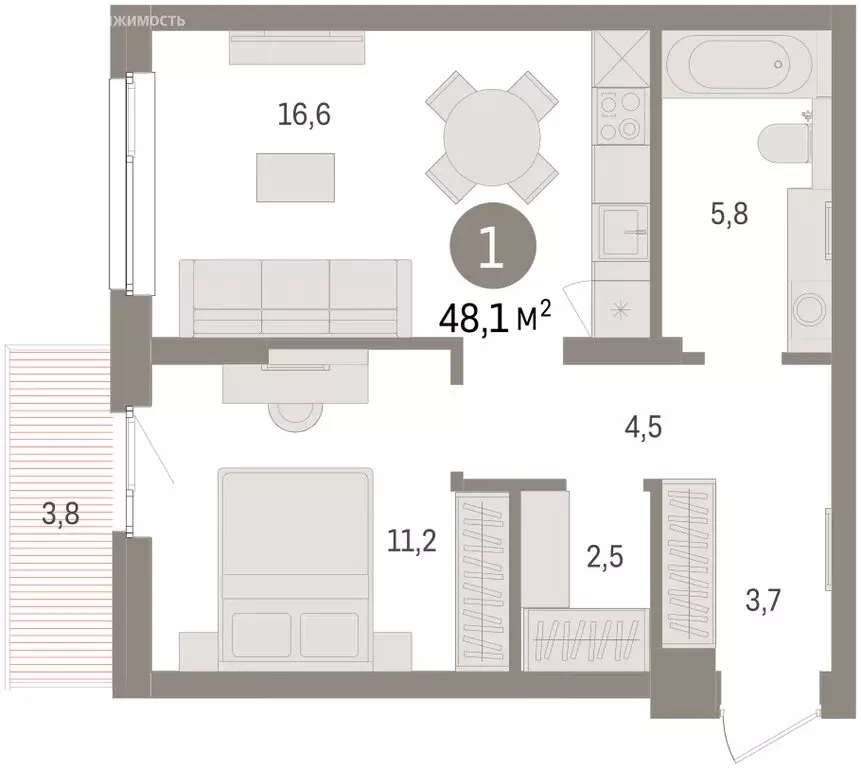 1-комнатная квартира: Челябинская область, Сосновский муниципальный ... - Фото 1