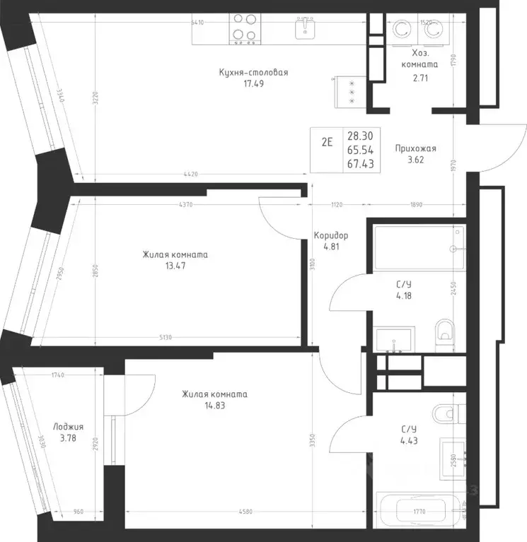 2-к кв. Татарстан, Казань Седьмое Небо жилрайон,  (67.43 м) - Фото 2