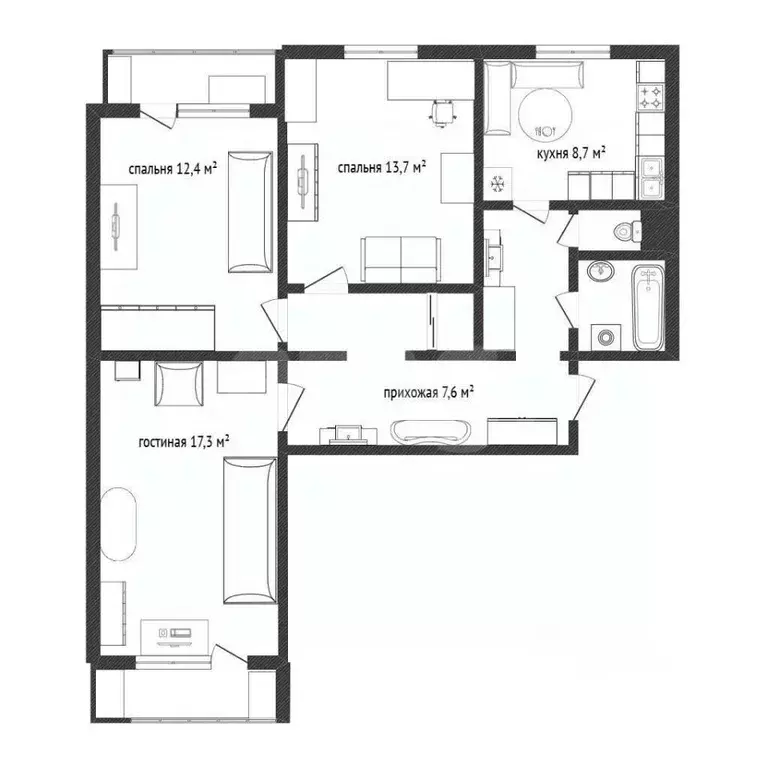 3-к кв. Белгородская область, Белгород ул. 5 Августа, 27к1 (71.3 м) - Фото 2
