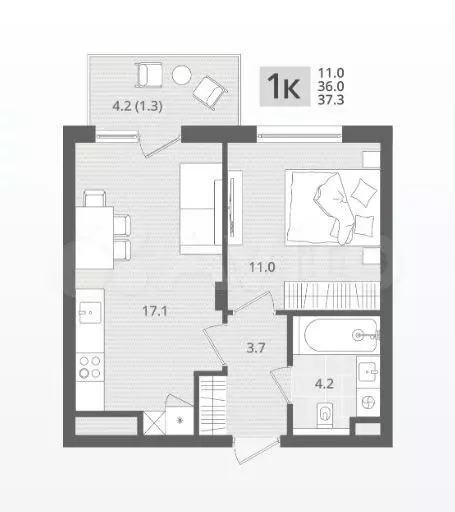 1-к. квартира, 37,3 м, 3/7 эт. - Фото 1
