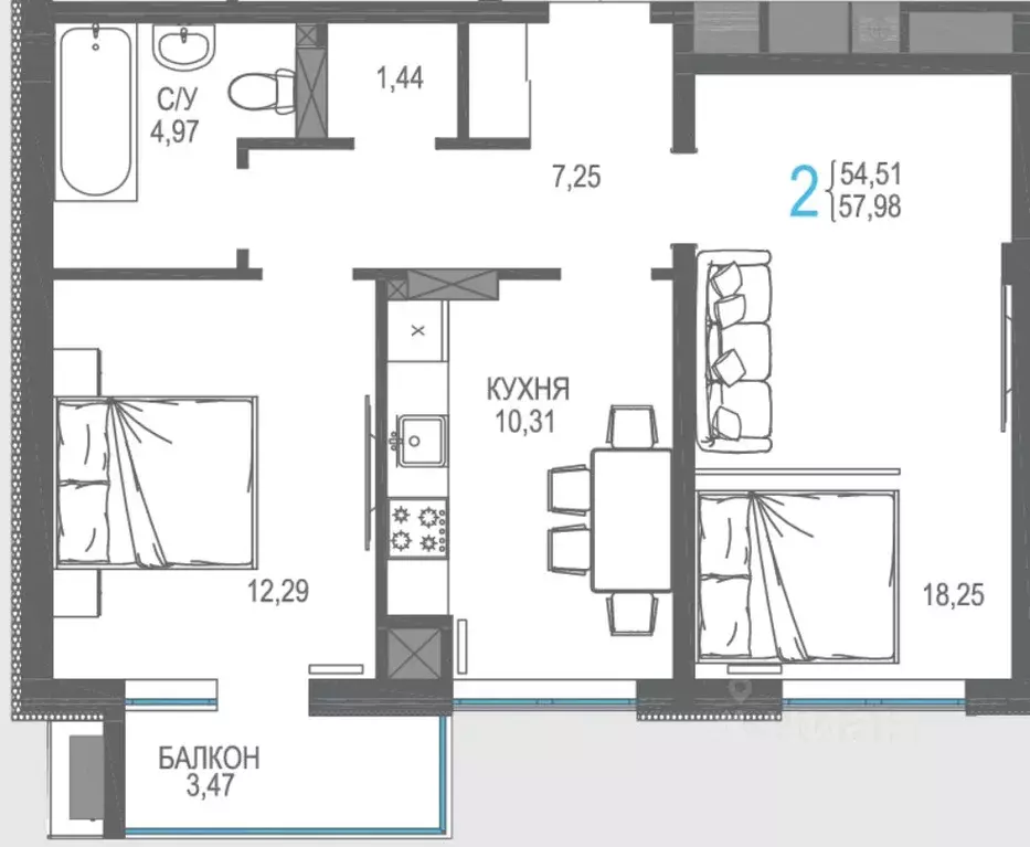 2-к кв. Крым, Симферопольский район, Гвардейское пгт ул. Курганная, ... - Фото 1
