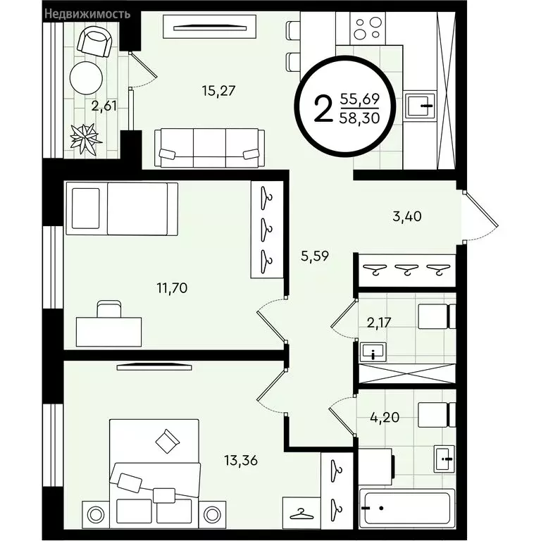 2-комнатная квартира: Тюмень, улица Александра Звягина, 6 (58.3 м) - Фото 0