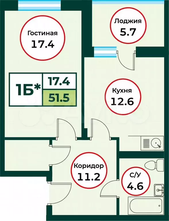 1-к. квартира, 51,5 м, 3/8 эт. - Фото 0