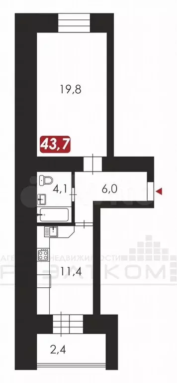 1-к. квартира, 45 м, 4/9 эт. - Фото 0