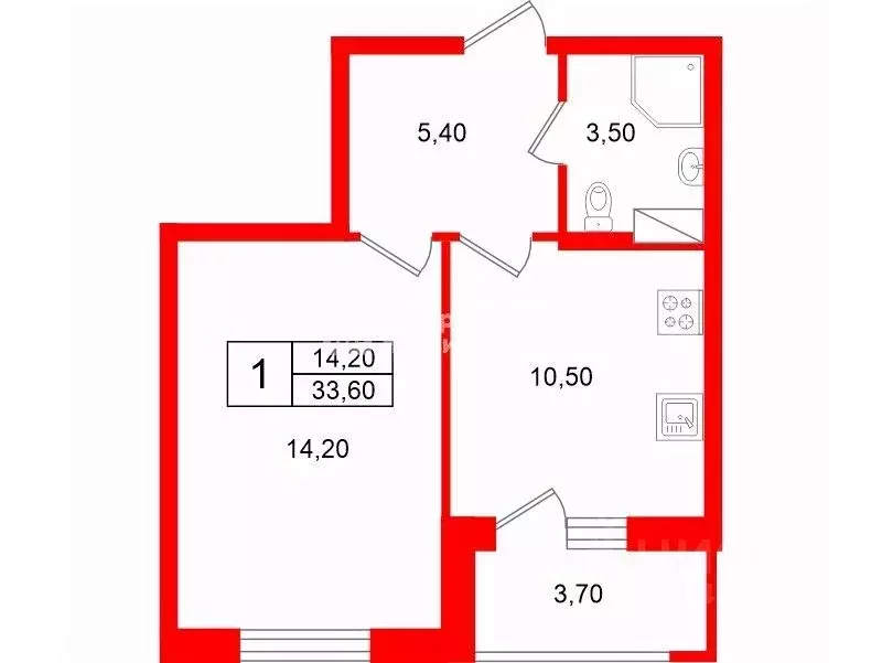 1-к кв. Санкт-Петербург ул. Чирикова, 5 (33.6 м) - Фото 1
