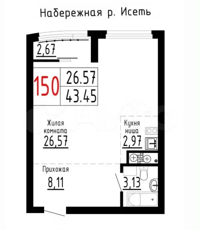 1-к. квартира, 43 м, 2/25 эт. - Фото 0