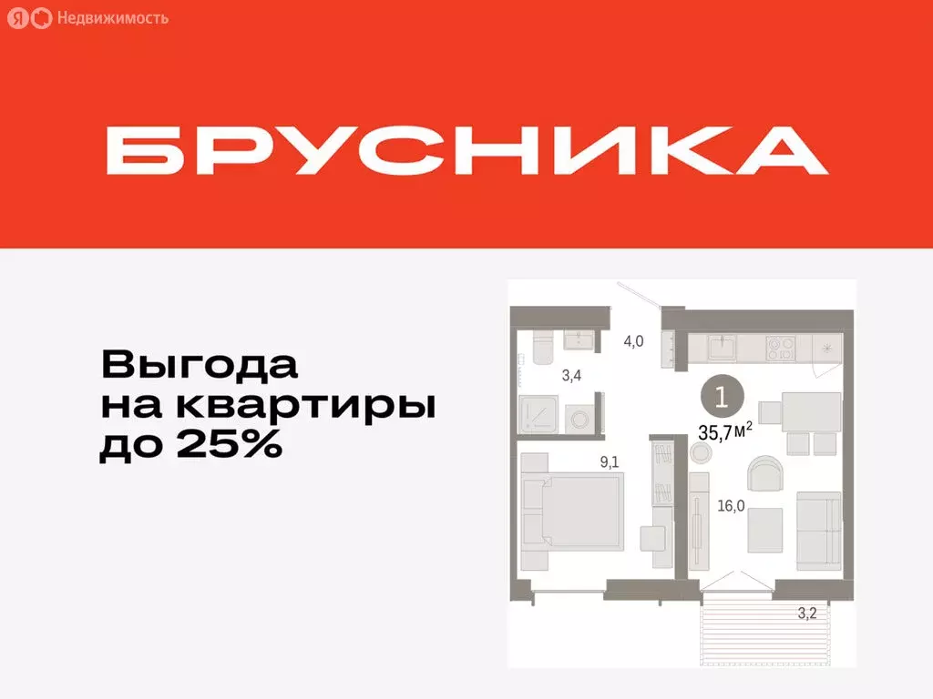1-комнатная квартира: Тюмень, жилой комплекс Республики 205 (35.69 м) - Фото 0