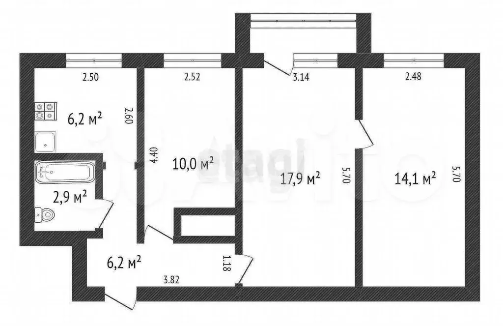 3-к. квартира, 58,2 м, 2/5 эт. - Фото 0