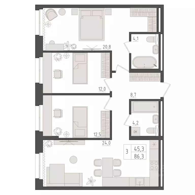 3-к кв. Башкортостан, Уфа 563-й кв-л,  (86.3 м) - Фото 1