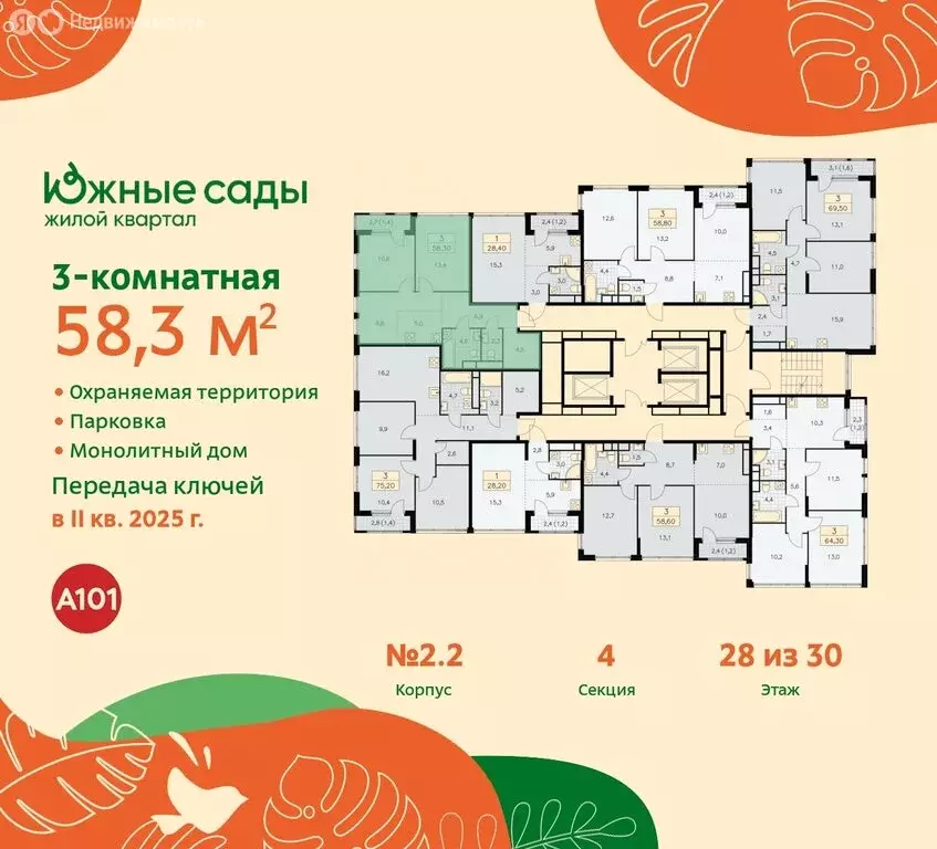 3-комнатная квартира: Москва, жилой комплекс Южные Сады, к2.2 (58.3 м) - Фото 1