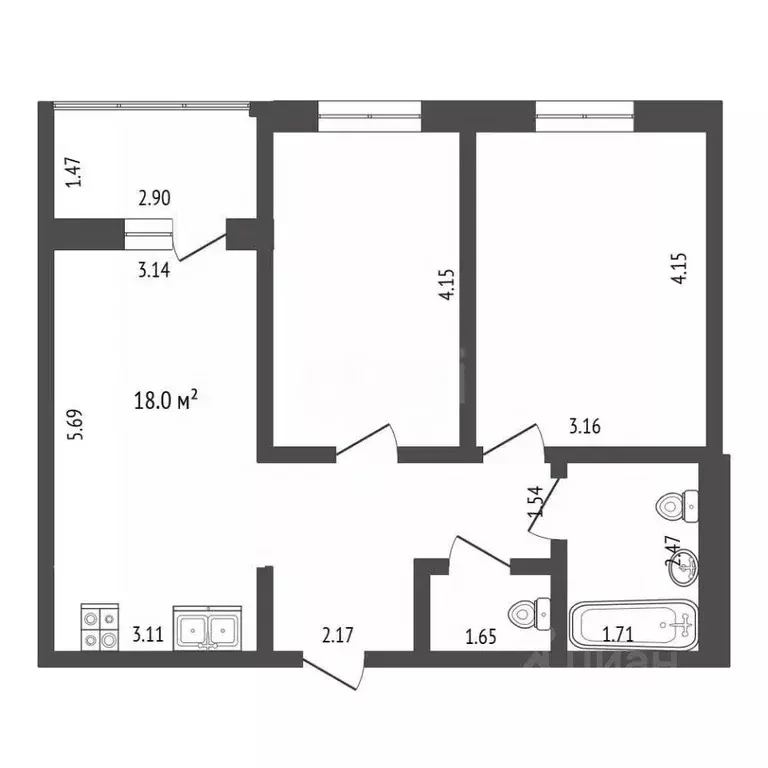 2-к кв. Ханты-Мансийский АО, Ханты-Мансийск ул. Строителей, 113 (56.5 ... - Фото 1