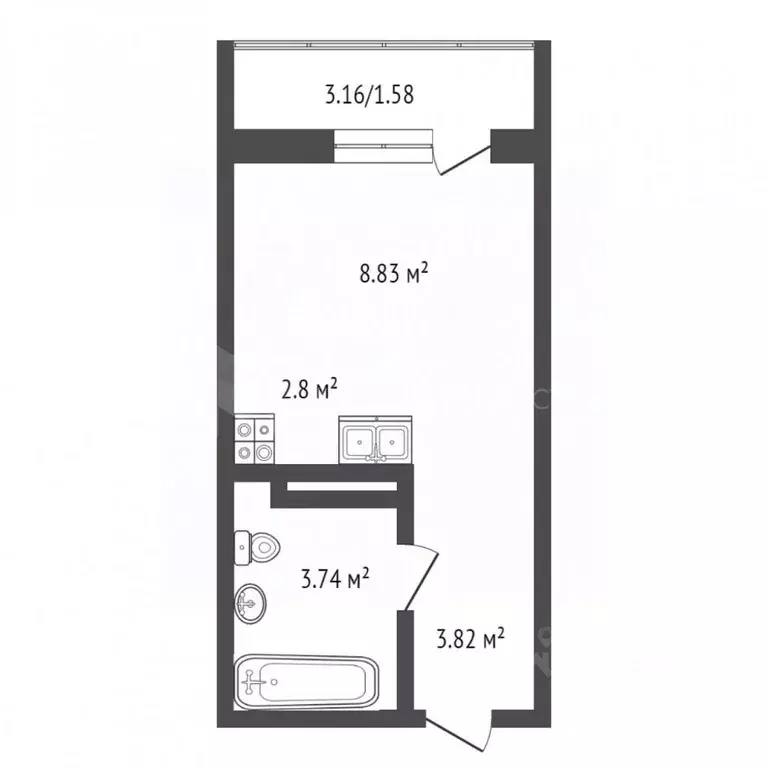 Студия Тюменская область, Тюмень ул. Новоселов, 113 (18.5 м) - Фото 1