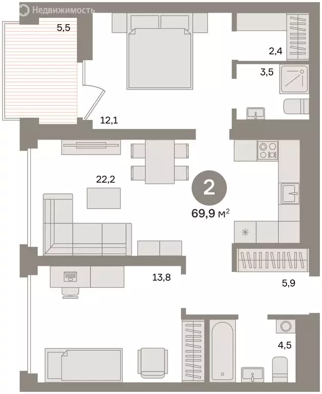 3-комнатная квартира: Тюмень, Профсоюзная улица, 6к1 (67.83 м) - Фото 2