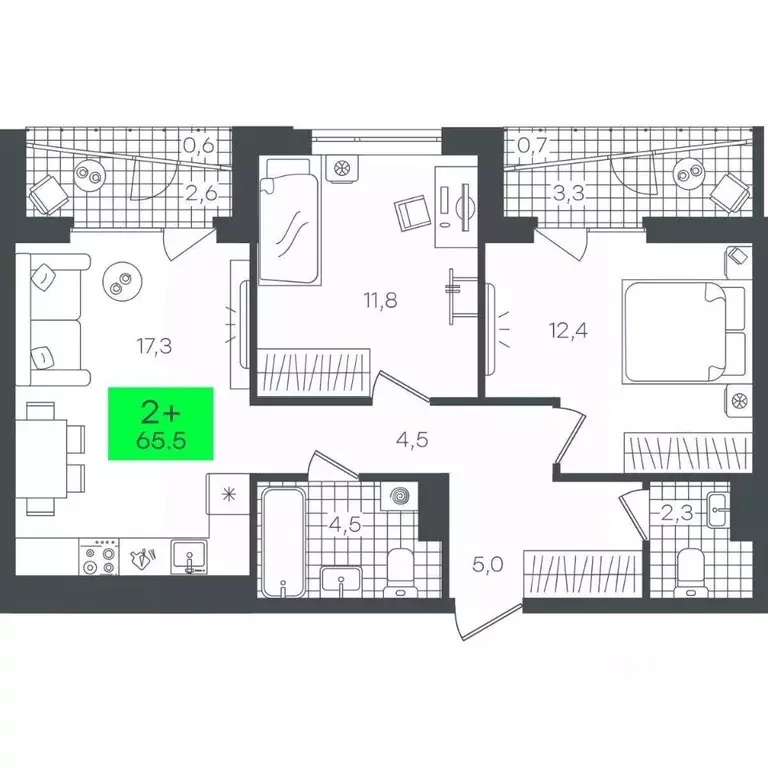 2-к кв. Тюменская область, Тюмень ул. Николая Глебова, 10 (65.52 м) - Фото 0