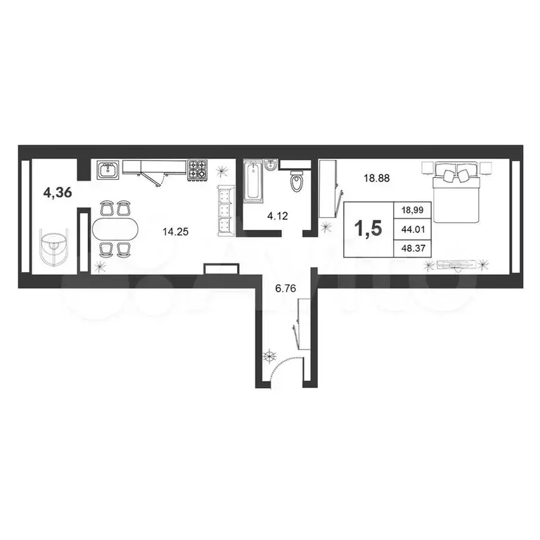 1-к. квартира, 44 м, 2/9 эт. - Фото 0