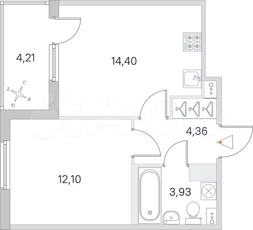 1-к. квартира, 39,1 м, 3/4 эт. - Фото 0