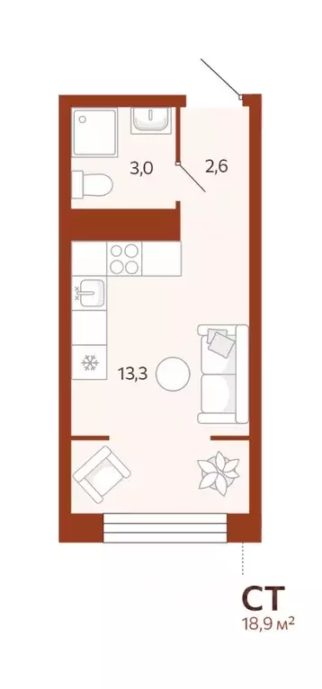 Студия Тюменская область, Тюмень ул. Новаторов, 30 (18.87 м) - Фото 0