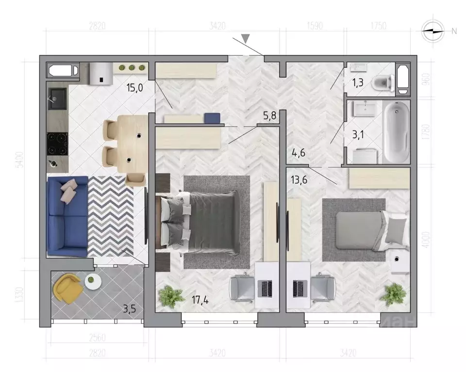 2-к кв. Воронежская область, Воронеж ул. Федора Тютчева, 105 (62.6 м) - Фото 1