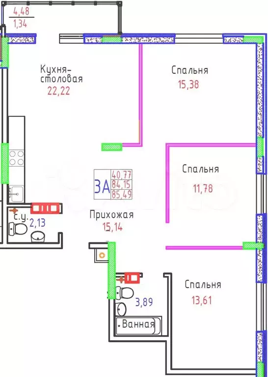 3-к. квартира, 85,4 м, 7/9 эт. - Фото 0