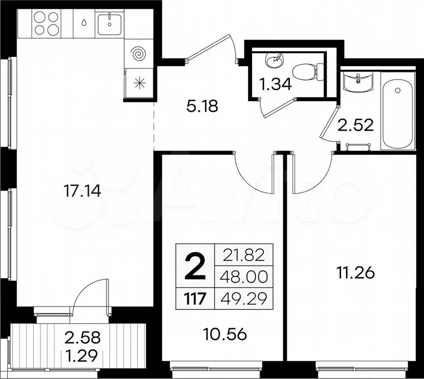 2-к. квартира, 49,3 м, 1/9 эт. - Фото 0