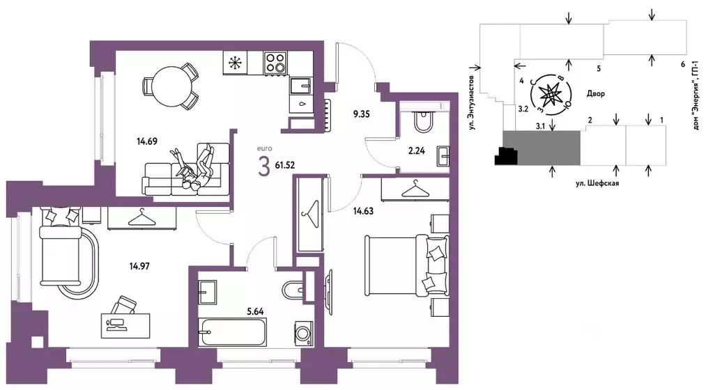 3-к кв. Свердловская область, Екатеринбург ул. Шефская, 28А (61.52 м) - Фото 1