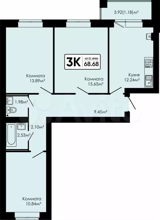 3-к. квартира, 68,7 м, 4/4 эт. - Фото 0